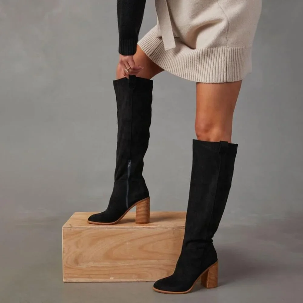 Women's 1 Black Suede Knee-high Boots Fall Boot Chunky Block High Heel